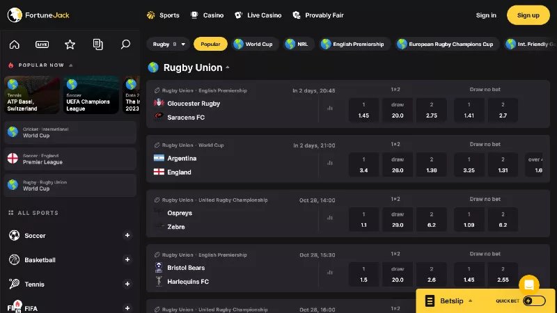 Rugby betting at FortuneJack.