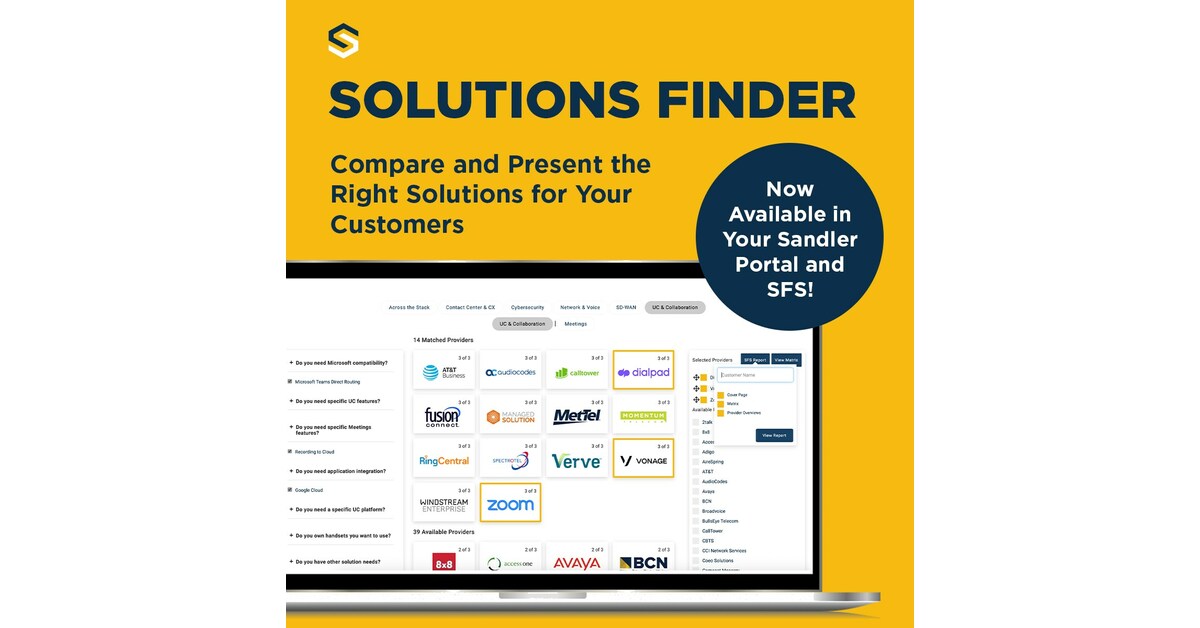 Iskalnik rešitev Sandler Partners partnerjem omogoča primerjavo in izbiro pravih rešitev za stranke