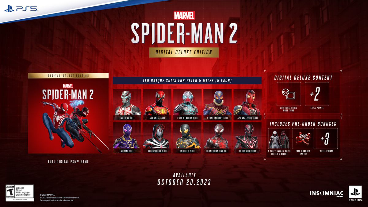 Ein Stockfoto, das die In-Game-Kosmetikartikel und Boni zeigt, die in der Spider-Man 2 Digital Deluxe Edition enthalten sind