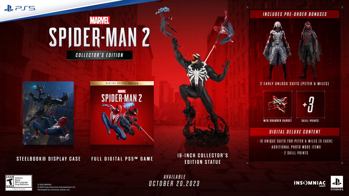 Ein Stockfoto, das die In-Game-Kosmetikartikel und Boni zeigt, die in der Spider-Man 2 Digital Collector's Edition enthalten sind