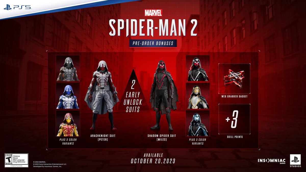 A stock photo of the in-game pre-order bonuses included with Spider-Man 2