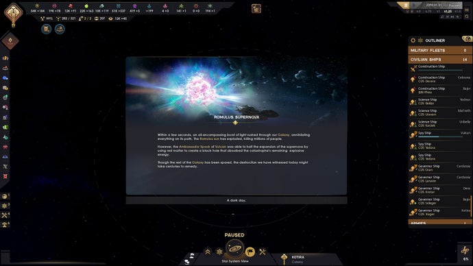 Star Trek: Infinite screenshot showing an event prompt announcing the Romulan sun supernova