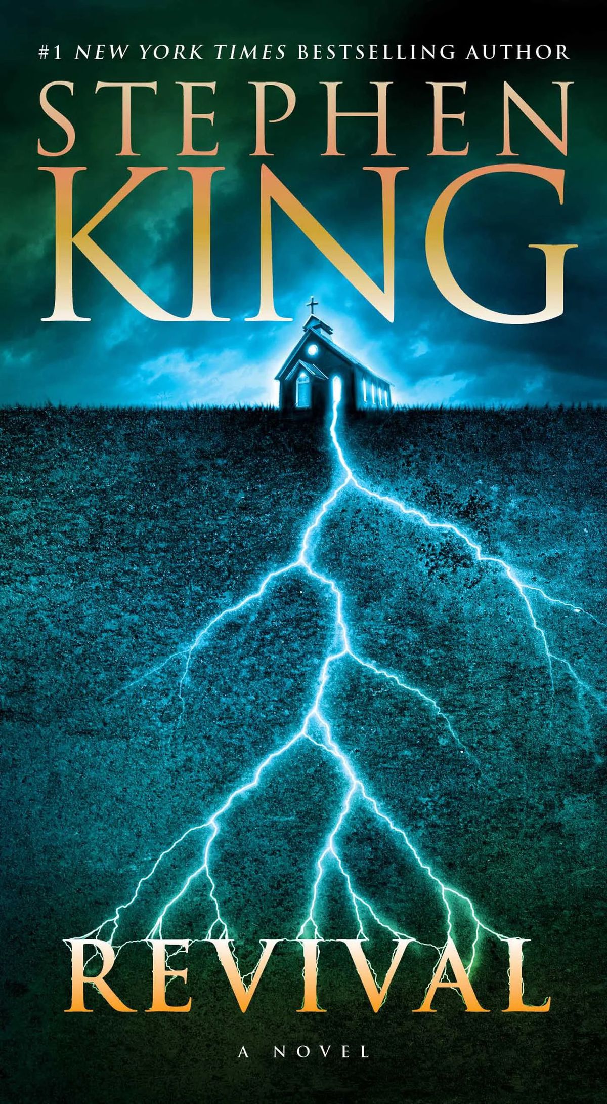 A cover for Stephen King’s novel Revival, showing a small farmhouse with blue lightning reaching from it deep into the ground