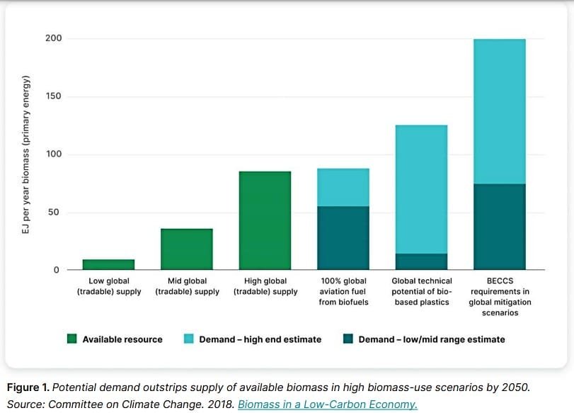Potential demand outstrips supply in high biomass use scenarios by 2050