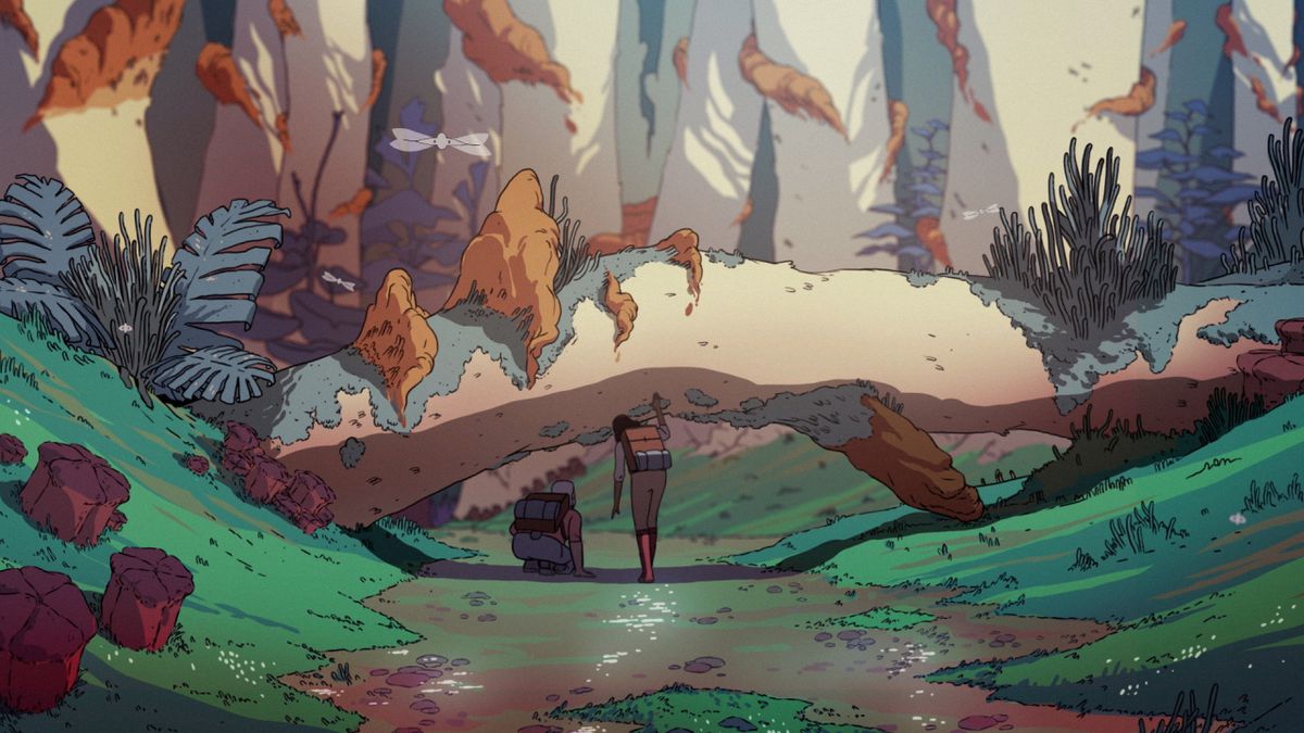 (L-R) Sam and Ursula ducking beneath an alien tree with dragonfly-like alien creatures fluttering around them in Scavengers Reign.