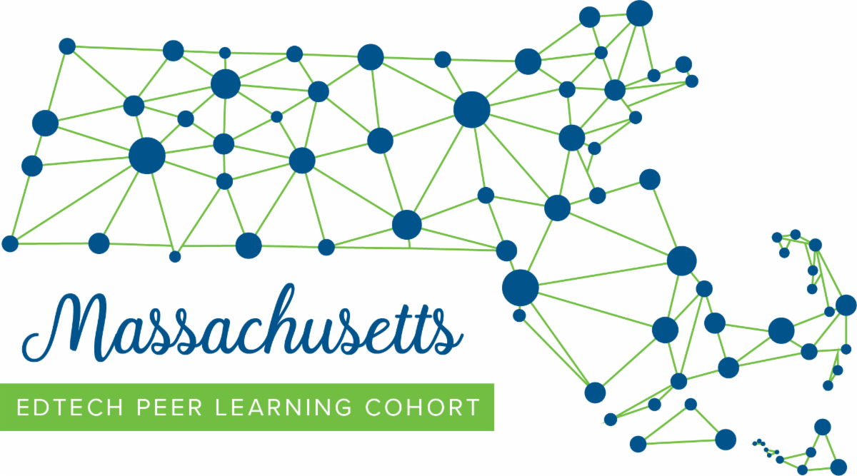 A logo for the Massachusetts Edtech Peer Learning Cohort in blue and green with a map of the state of Massachusetts above it with blue dots inside connected by green lines. 