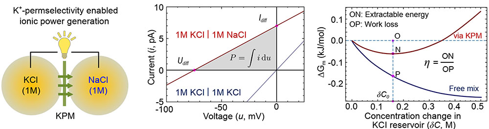 Génération d'énergie ionique en mélangeant des solutions de KCl et de NaCl de concentration égale