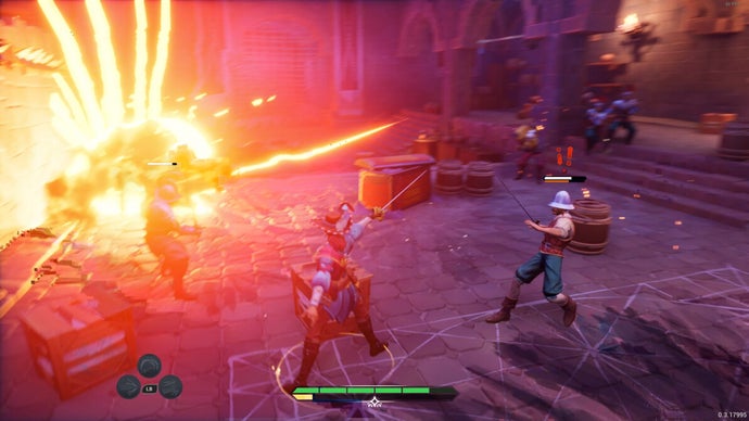 An explosion sends sword fighters reeling in En Garde!