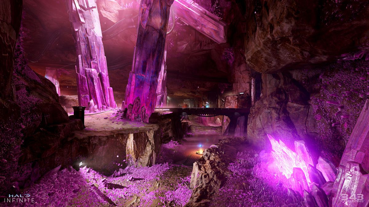 Purple crystals outline caverns in key art for Prism, a Halo Infinite season 5 map.