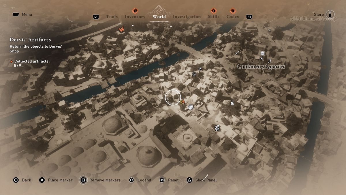 A map shows the location of a Dervis’ Artifact in the Bazaar in AC Mirage.