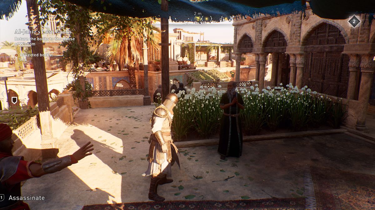 Basim approaches a man carrying a Dervis’ Artifact in AC Mirage.