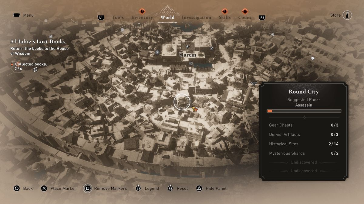 A map shows the location of a Dervis’ Artifact in AC Mirage.
