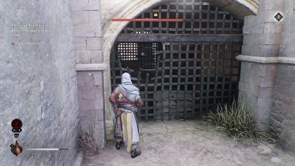 Basim aims at a hole through a gate to find a Gear Chest in Harbiyah in AC Mirage.