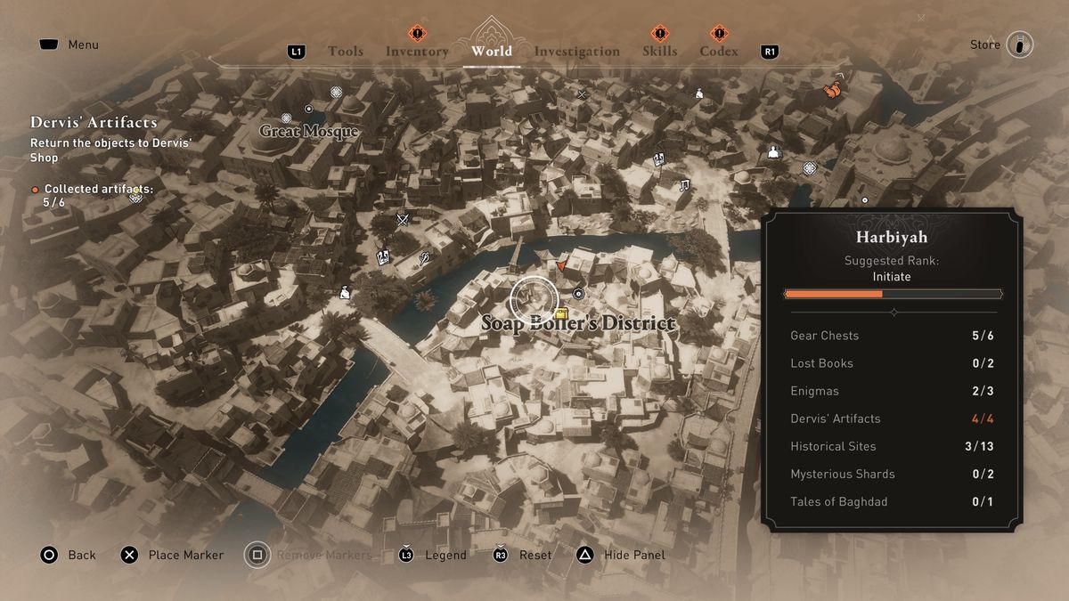 A map shows the location of the Soap Boiler’s District Gear Chest in AC Mirage.