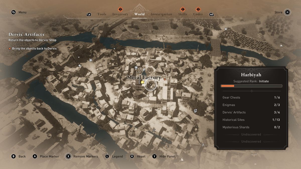 A map shows the location of the Metal Factory Gear Chest in AC Mirage.
