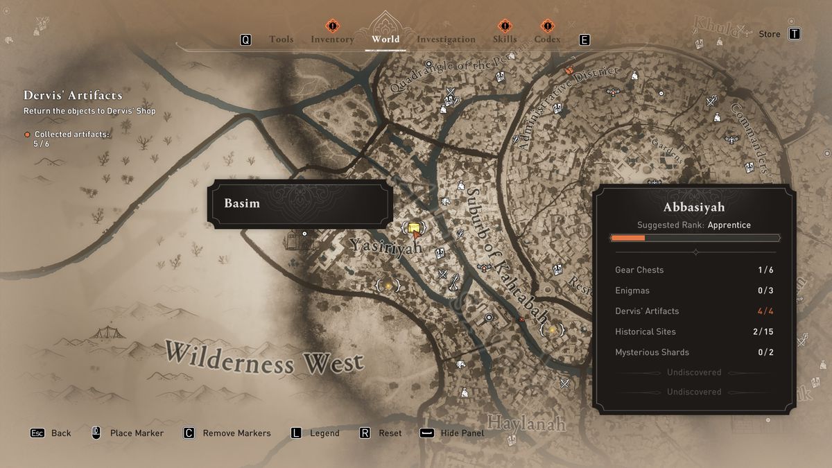 A map shows the location of a Gear Chest in Abbasiyah in AC Mirage.