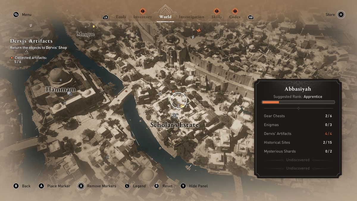A map shows the location of a Gear Chest in the Scholar’s Estate in AC Mirage.