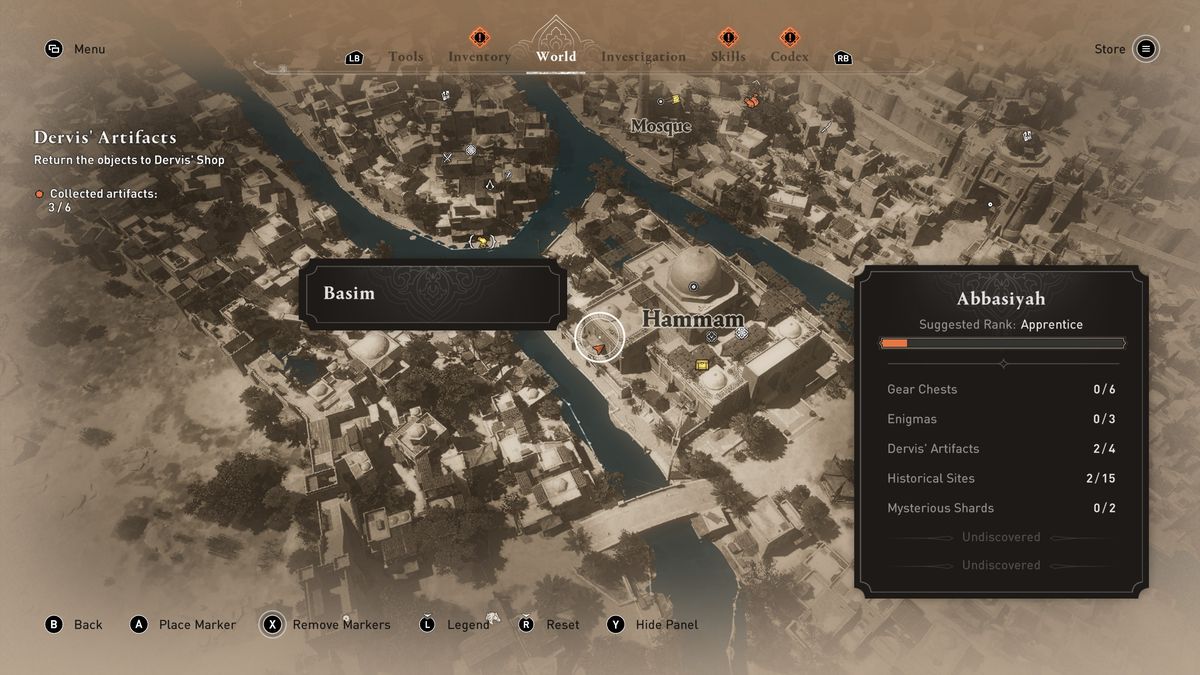 A map shows the location of the Hamam Gear Chest in AC Mirage.