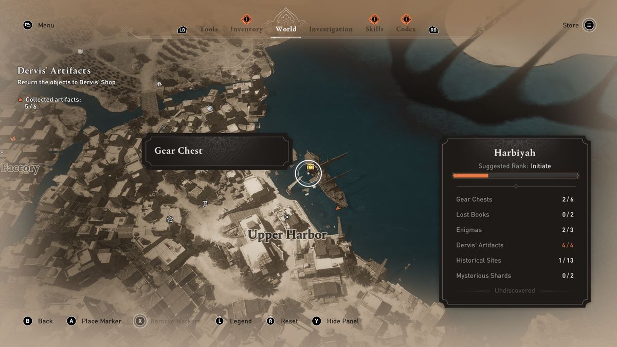 A map shows the location of the Upper Harbor Gear Chest in AC Mirage.