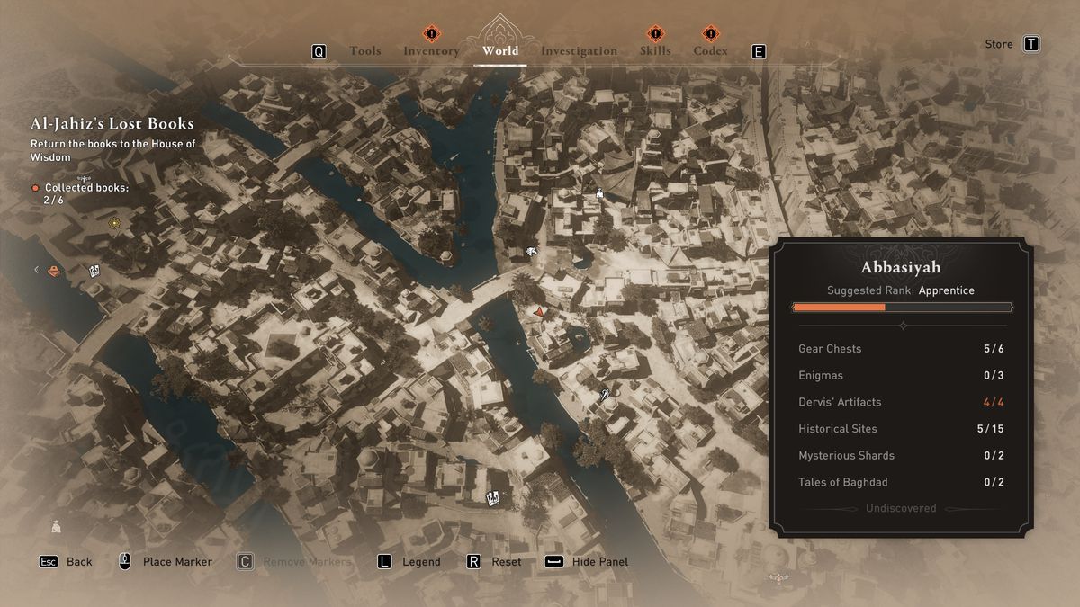 A map shows the location of the Four Markets Gear Chest in AC Mirage.