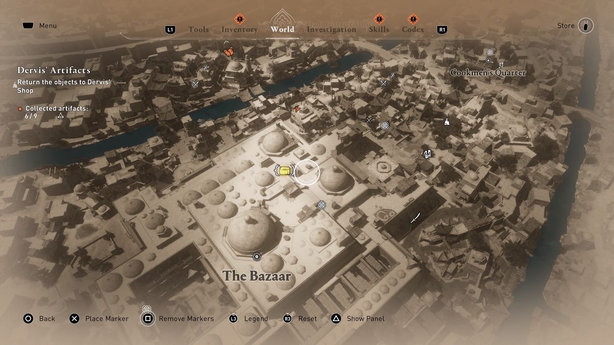 A map shows the location of the gear chest in the Grand Bazaar in AC Mirage.