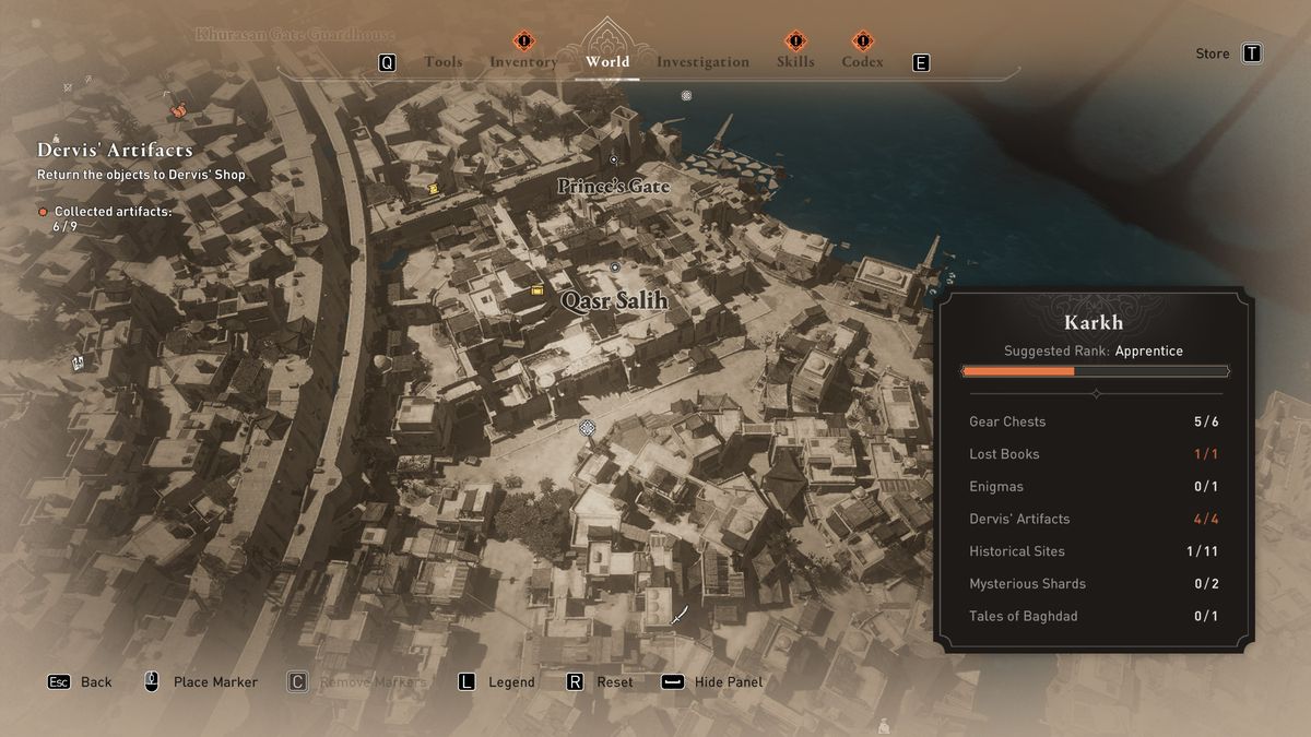A map shows the Gear Chest location in Karkh in AC Mirage.