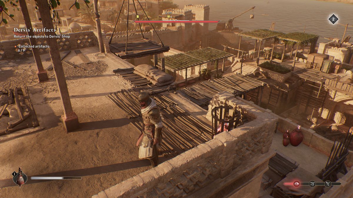 Basim stands on a roof near some explosive jars while looking for a Gear Chest in AC Mirage.