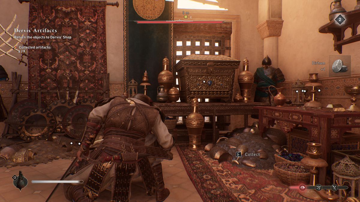 Basim crouches in a chamber with a Gear Chest location in AC Mirage.