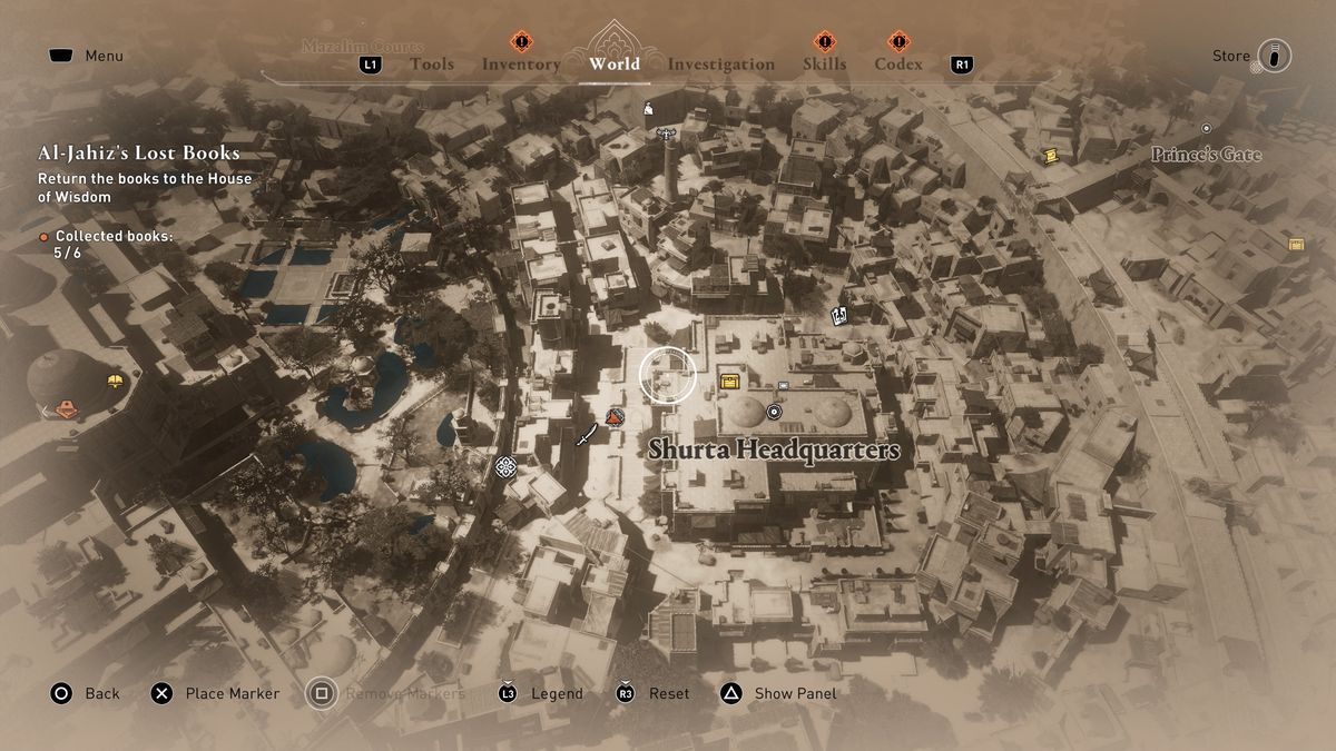 A map shows the location of the Shurta Headquarters Gear Chest in AC Mirage.