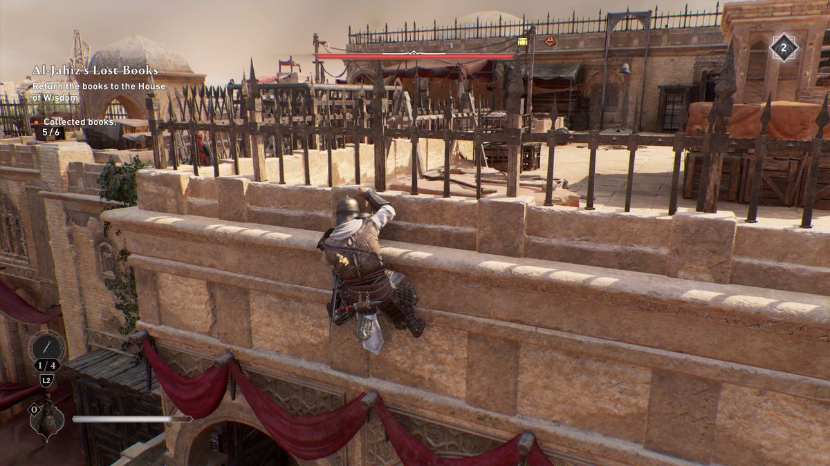 Basim scales a sandstone building covered in spikes while looking for Gear Chest locations in AC Mirage.