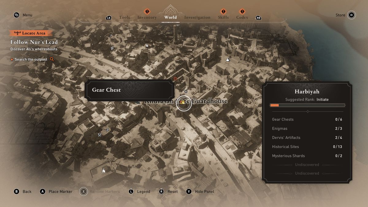 A map shows the location of the Khurasan Guardhouse Gear Chest in AC Mirage.