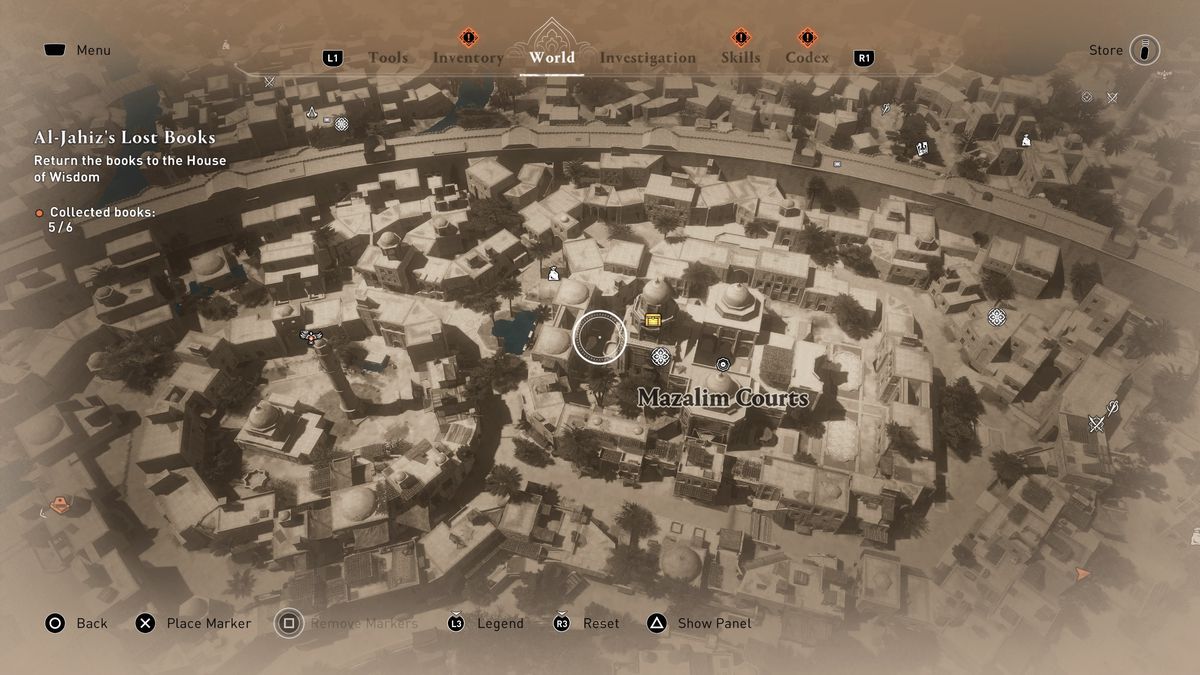A map shows the location of the Mazalim Gear Chest in AC Mirage.