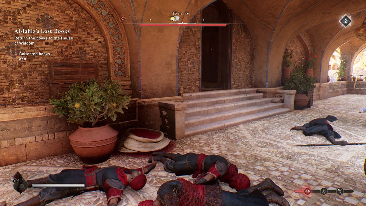 A pile of dead bodies crowds the foyer outside of a building with a Gear Chest location in AC Mirage.