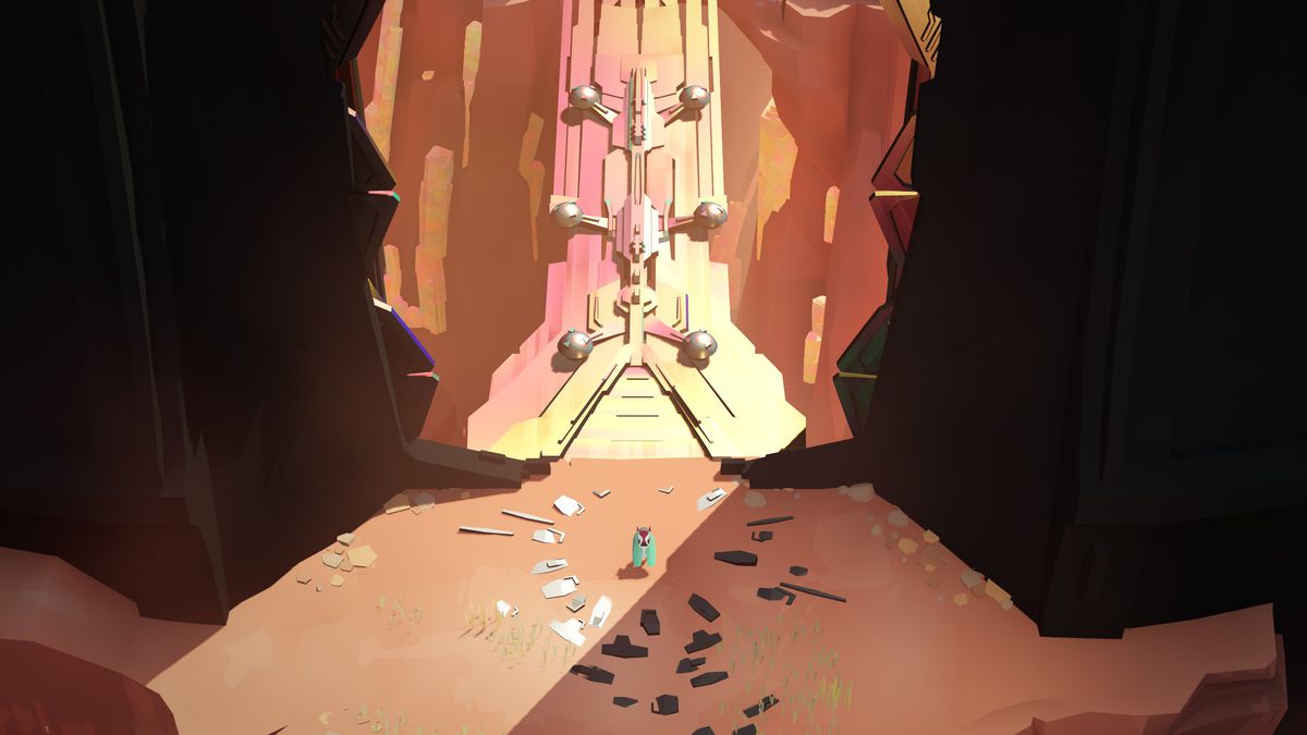The insect-like protagonist of Cocoon pauses before a bridge in a desert environment
