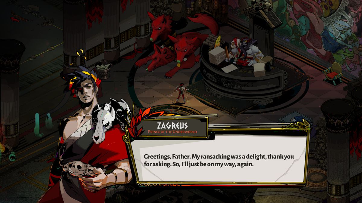 Zagreus speaks to Hades while Cerberus naps nearby in a screenshot from Hades