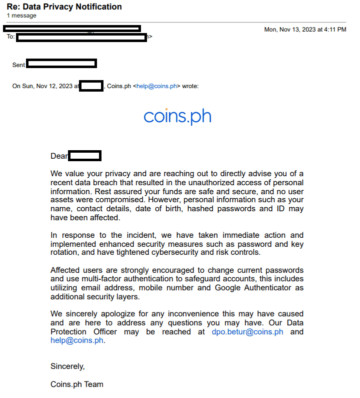 Coins.ph trpi zaradi kršitve podatkov: izbrani osebni podatki uporabnikov so bili izpostavljeni
