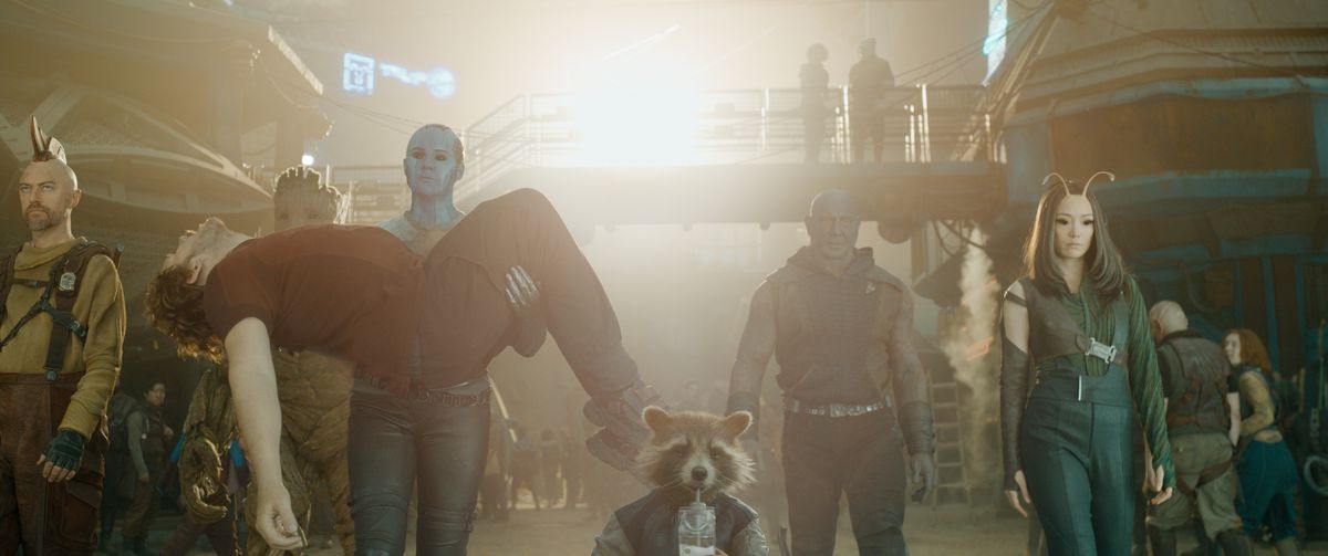 The Guardians of the Galaxy are in rough shape as Nebula carries a passed-out Peter Quill alongsidde Groot, Drax, Rocket, and Kraglin in Guardians of the Galaxy Vol. 3