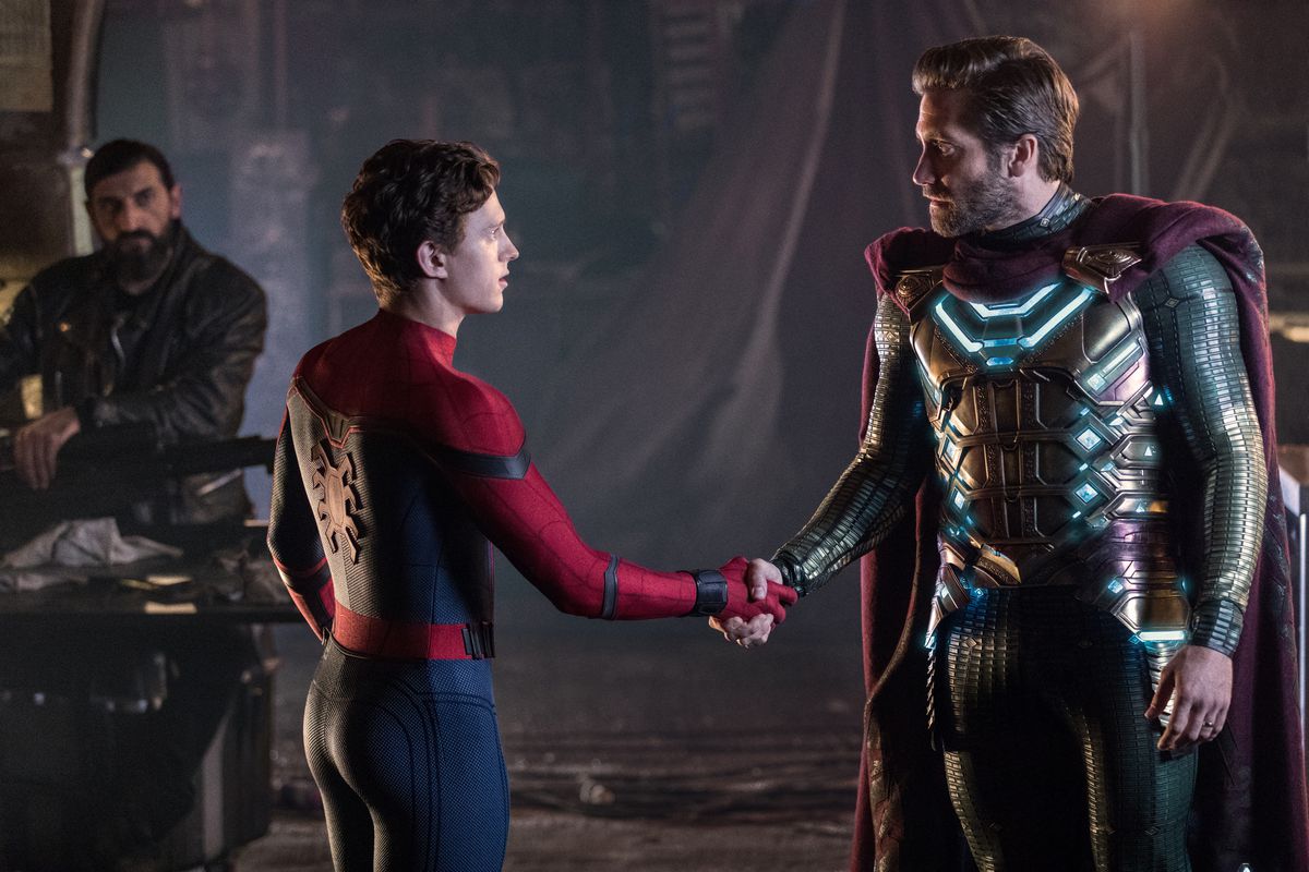 Tom Holland and Jake Gyllenhaal shake hands as Spider-Man and Mysterio in Spider-Man: Far From Home