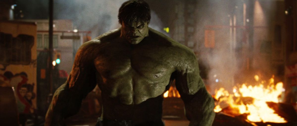 The Hulk, visibly very angry, on a burning street in The Incredible Hulk (2008).