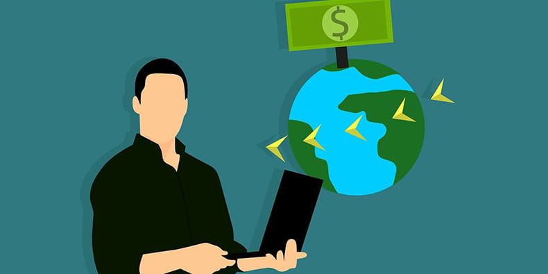 Gambar Seorang Pria Mengirim Uang ke Seluruh Dunia melalui Laptop