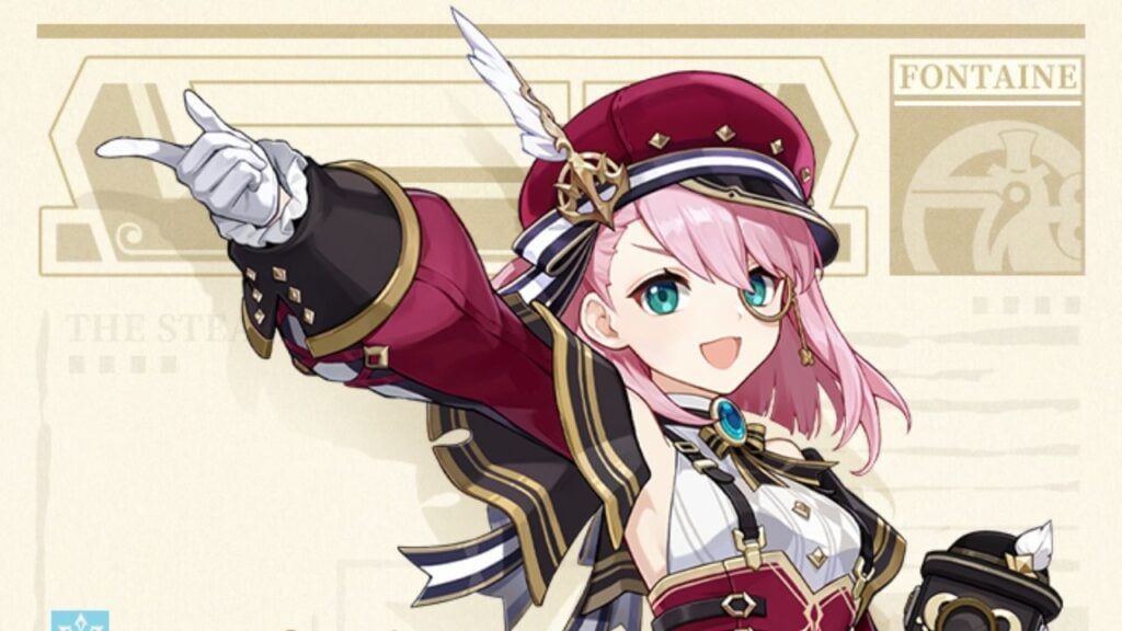 Feature for our Genshin Impact Charlotte tier list. It shows promotional art of Charlotte, a pink-haired character in a maroon jacket and cap.