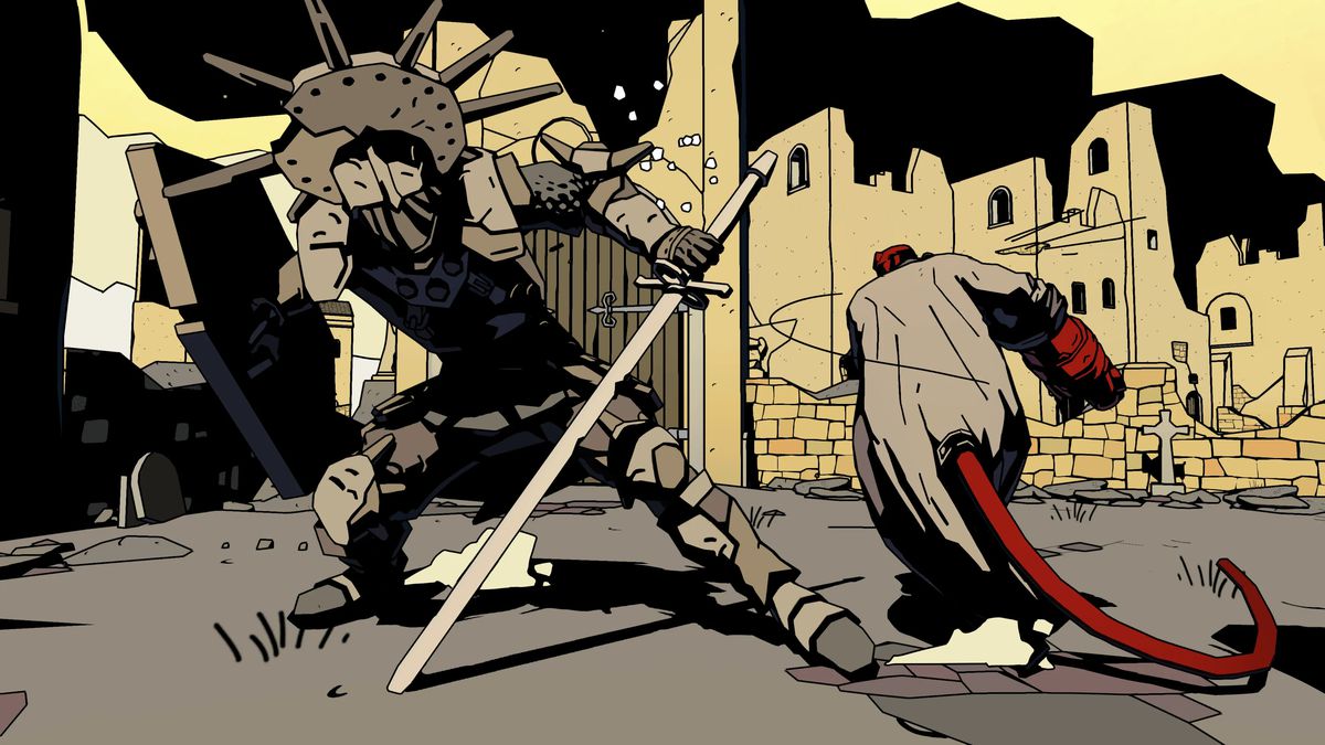 Hellboy punching an armored enemy holding a shield and sword in Hellboy Web of Wyrd.