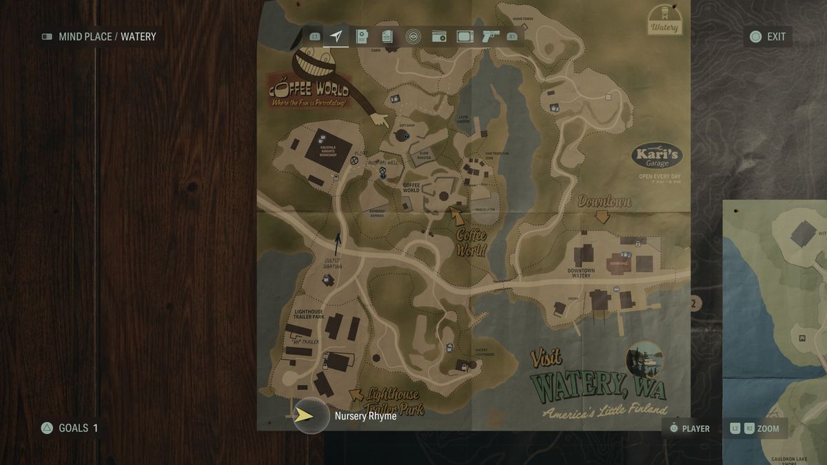 A map of Watery showing the location of a Nursery Rhyme in Alan Wake 2