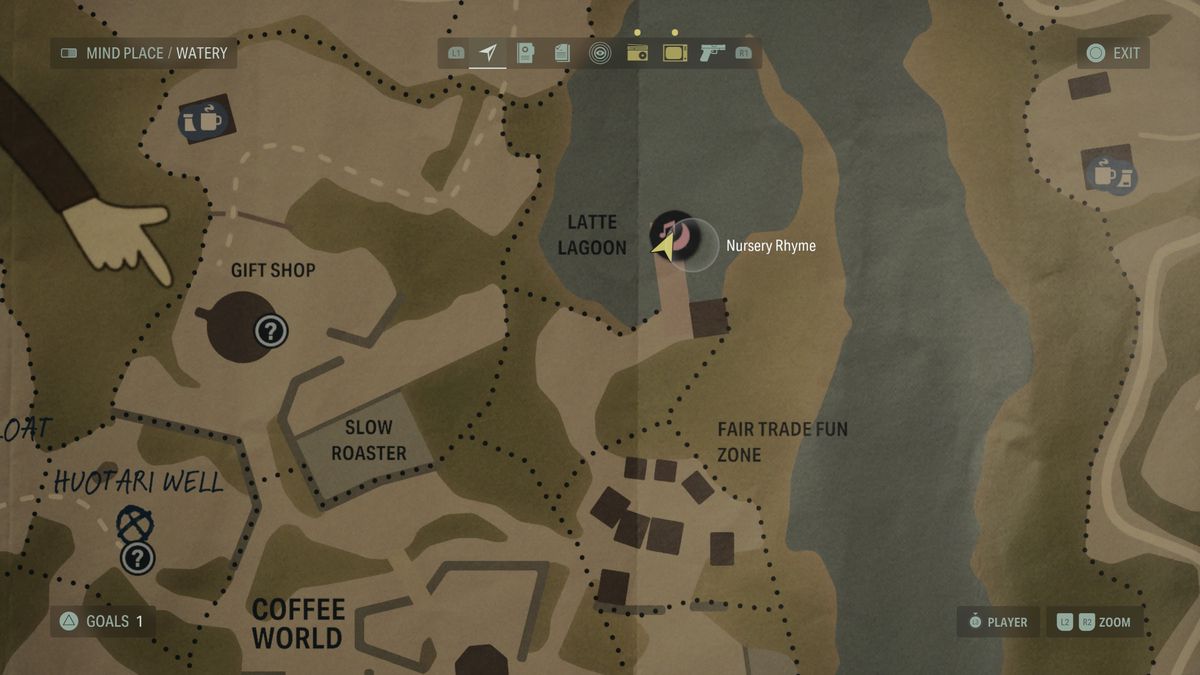 A map of Watery showing the location of a Nursery Rhyme in Alan Wake 2