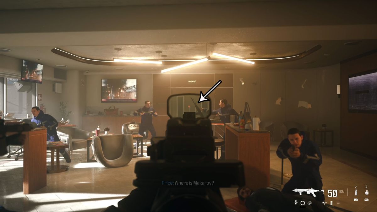 An arrow points to a soldier throwing a weapon for the A Shot Blocked achievement in MW3.