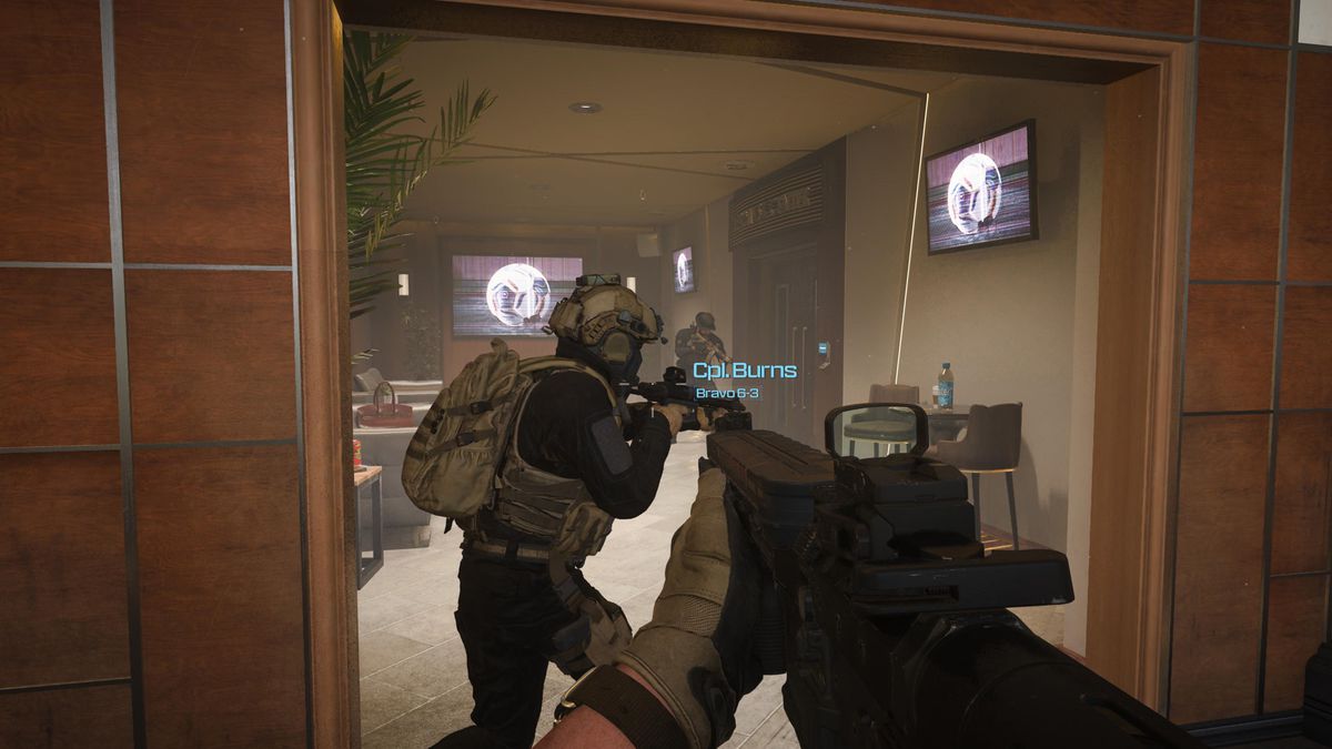 Two soldiers walk into a room while getting the A Shot Blocked achievement in MW3.