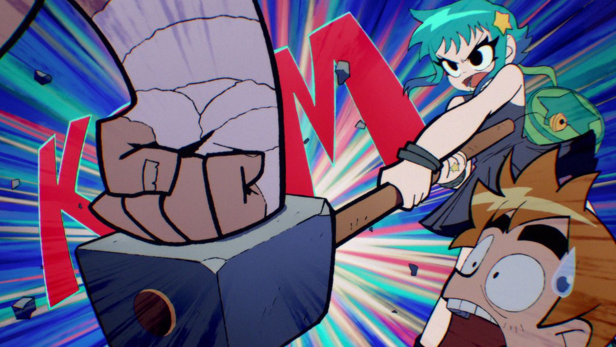Ramona swinging a hammer, Scott nearby looking scared, while a fist punches the top of the hammer