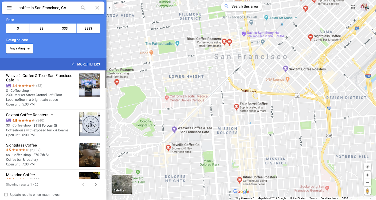 Quảng cáo trực tuyến cho doanh nghiệp: ví dụ về ghim quảng cáo trên Google Maps.