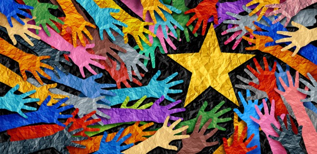 paper collage of hands reaching towards a gold star