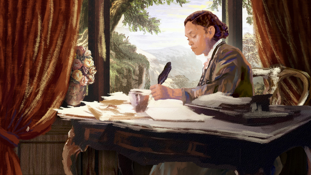A painted image of a woman writing at a desk with a quill pen in Stamped From The Beginning.